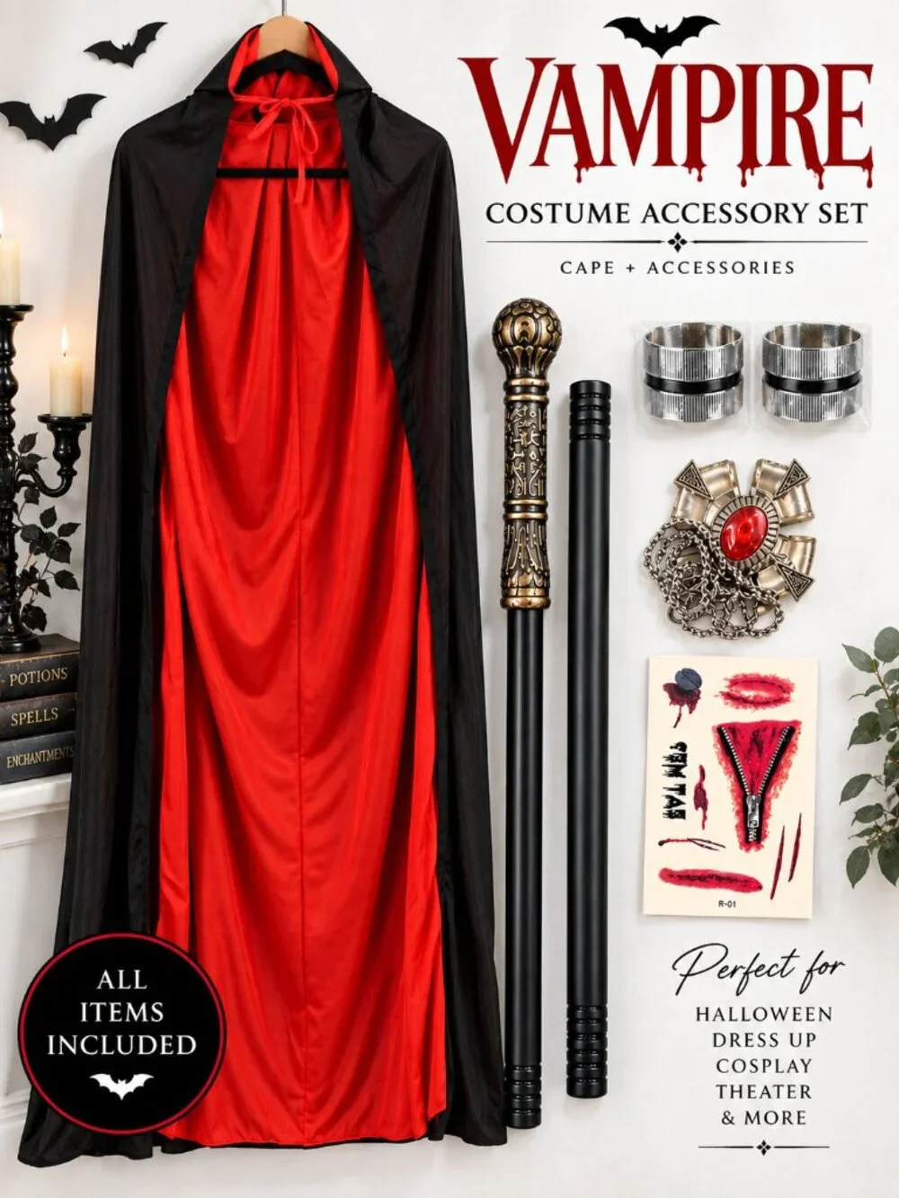 Vampire Dracula Costume Cape Scepter Accessories Halloween One Size